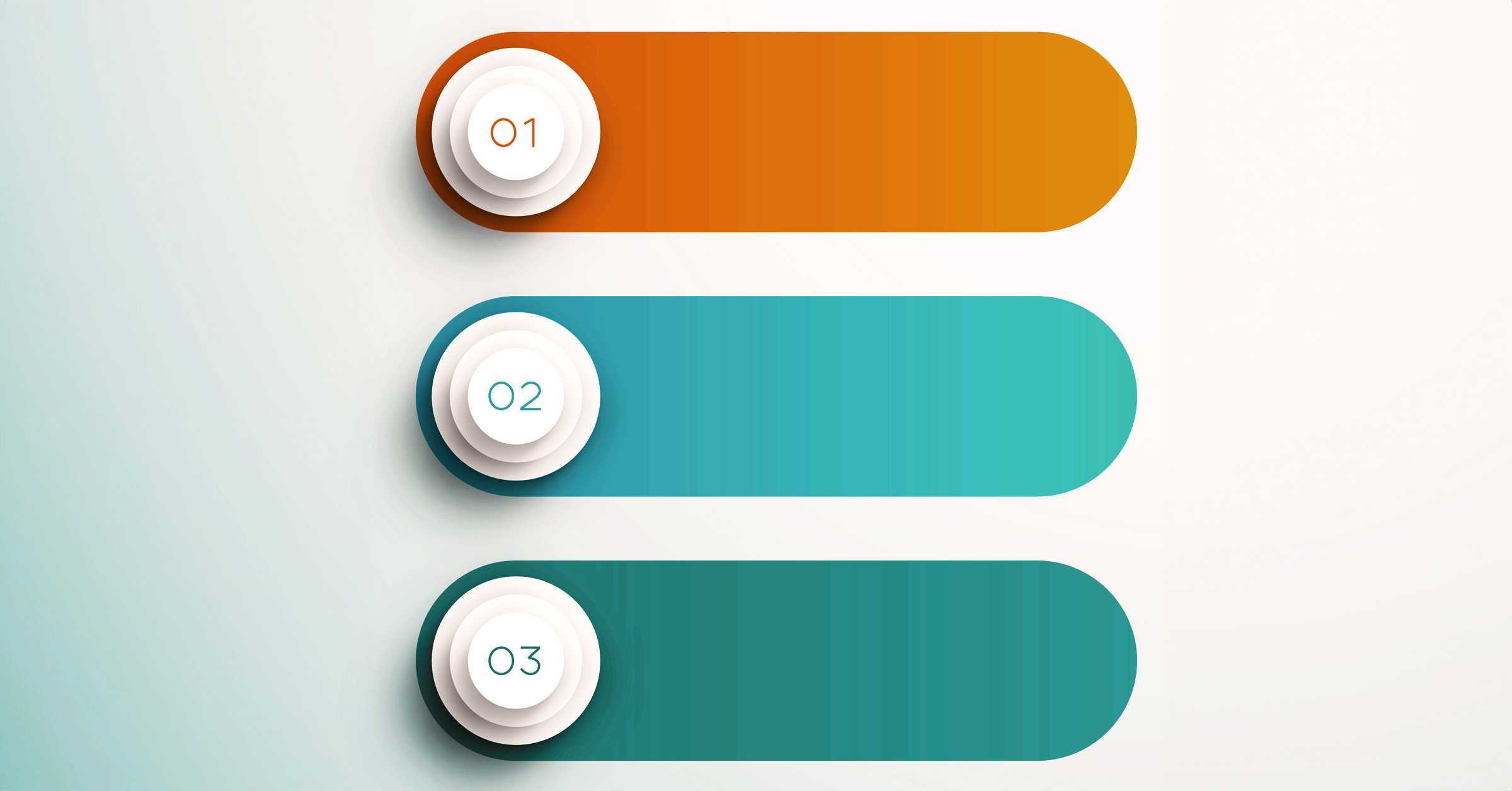 An infographic with three horizontal bars, each with a stylized circular label resembling a sandwich ingredient. The bars are orange, teal, and green from top to bottom and numbered 01, 02, and 03 respectively. The background is white with a subtle gradient.