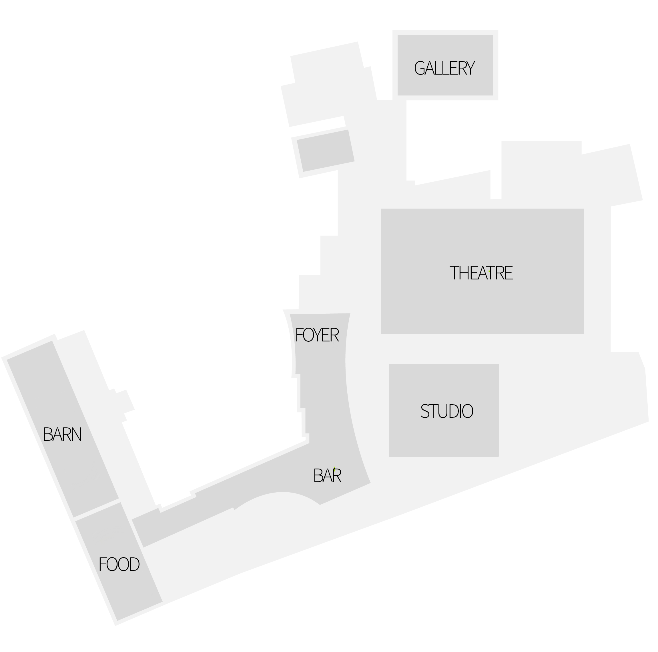 A grayscale map layout showing various sections labeled as Barn, Food, Bar, Foyer, Theatre, Studio, and Gallery. The Barn and Food areas are on the left, the Bar is centrally located, and the Theatre, Studio, and Gallery are on the right side. A grayscale map layout showing various sections labeled as Barn, Food, Bar, Foyer, Theatre, Studio, and Gallery. The Barn and Food areas are on the left, the Bar is centrally located, and the Theatre, Studio, and Gallery are on the right side.